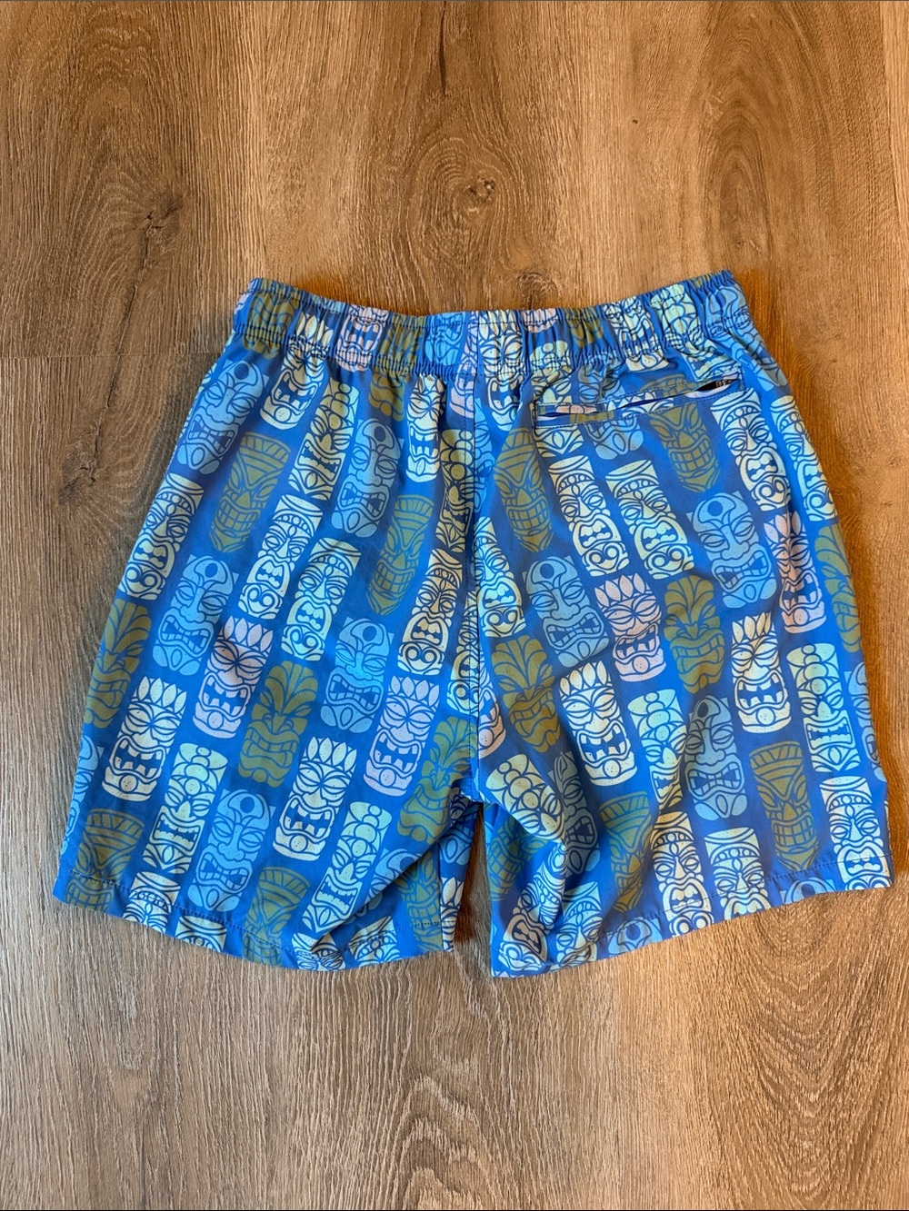 Bearbottom- Men's Blue Tiki Print Swim Trunks - Elastic Waist - Picture 2 of 3